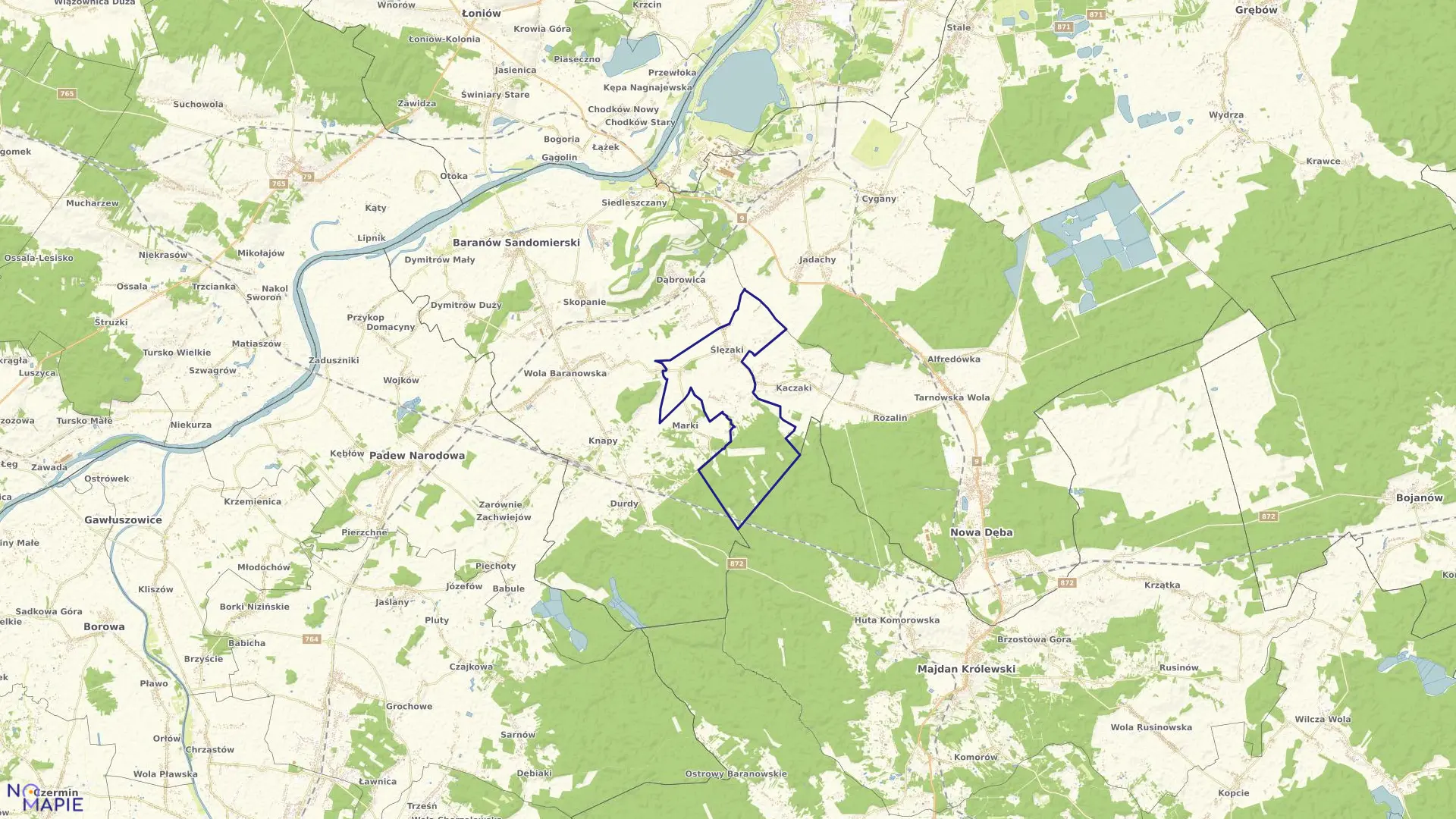 Mapa obrębu Ślęzaki w gminie Baranów Sandomierski