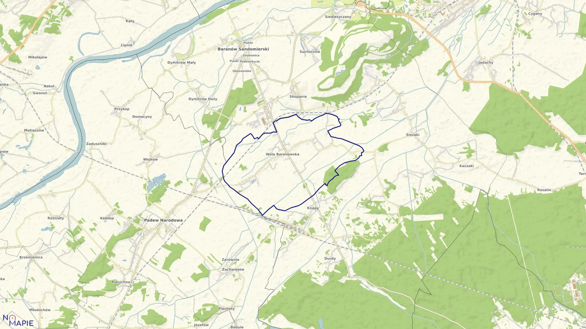 Mapa obrębu Wola Baranowska w gminie Baranów Sandomierski